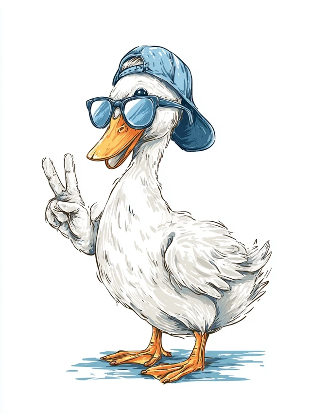 Cute Cartoon Duck with Sunglasses and Peace Sign