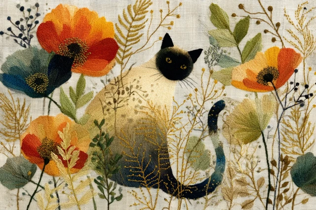 Embroidered Siamese Cat Art Nouveau Illustration