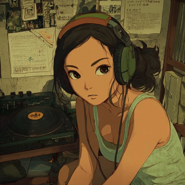 LoFi Japanese Girl Listening to Music Illustration
