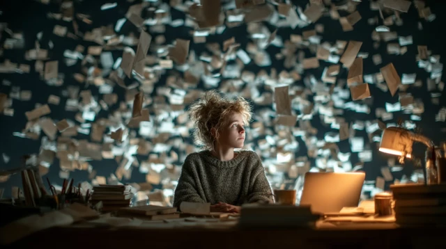 Woman at Desk Surrounded by Mail Icons