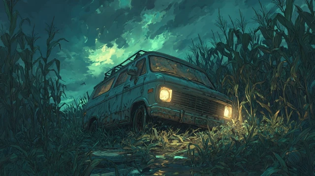 Van in Cornfield Illustration Frank Miller Style