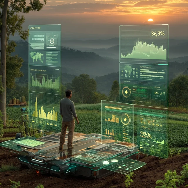 Futuristic Farming Technology in Sunset Landscape