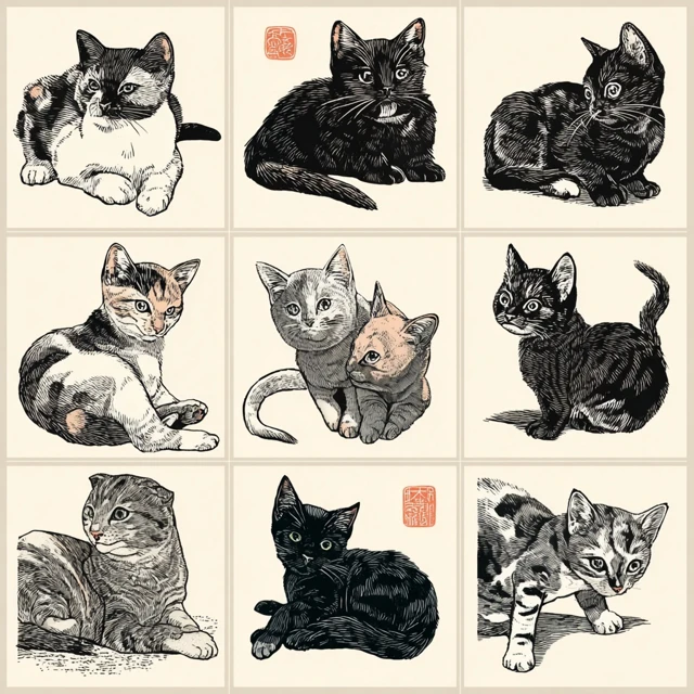 Woodblock Print Kittens Ten Adorable Illustrations