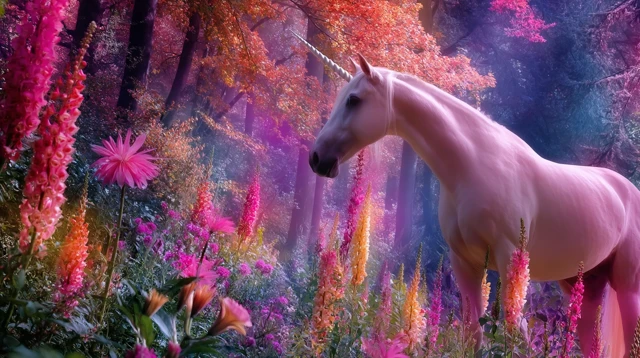 Magical Unicorn in a Rainbow Forest