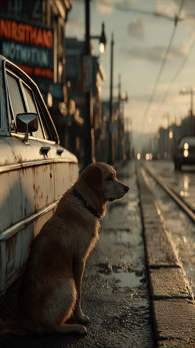 Golden Retriever on Car in the City