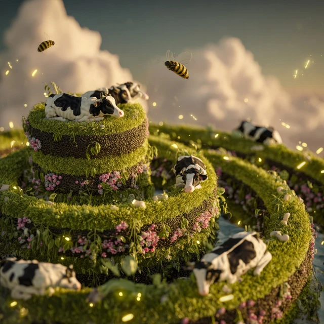 Surreal Floating Cookie Islands Cow Paradise 3D Art