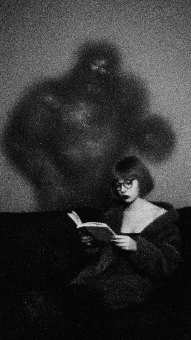 Woman and Monster Reading Black and White Photo