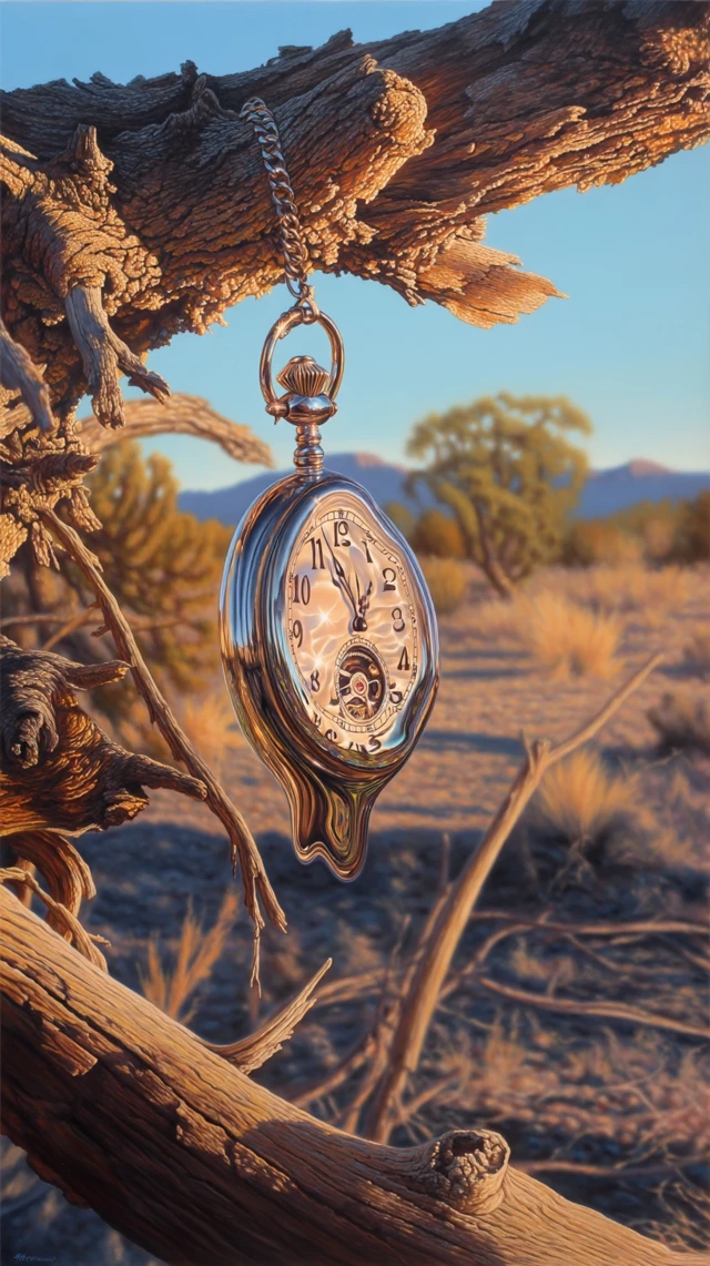 Melting Pocket Watch on Branch: Surreal Oil Painting