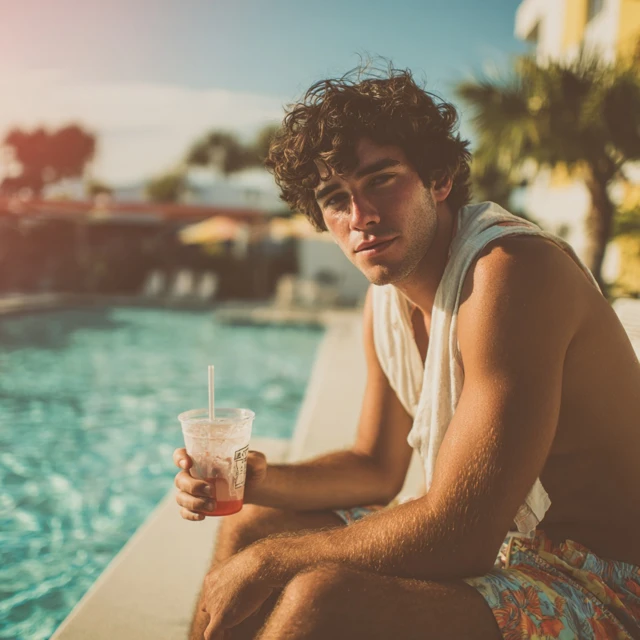 Man by Pool with Drink Relaxing Vacation