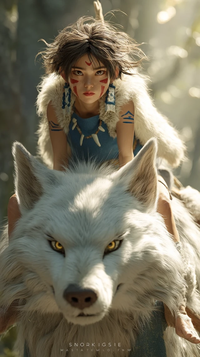 Chinese Girl on White Wolf Mystical Forest