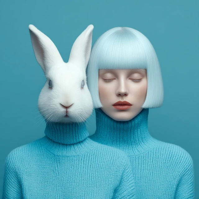 Surreal Portrait: Rabbit Head and Bob Haircut in Pastel Blue