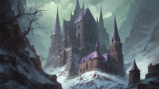 Gothic Fantasy Cathedral in Snowy Mountains