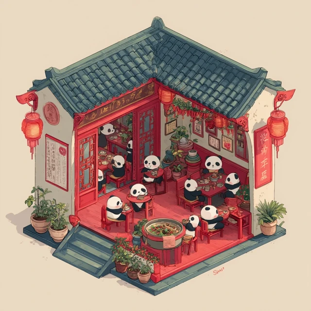 Cute Panda Hot Pot Restaurant Isometric Illustration