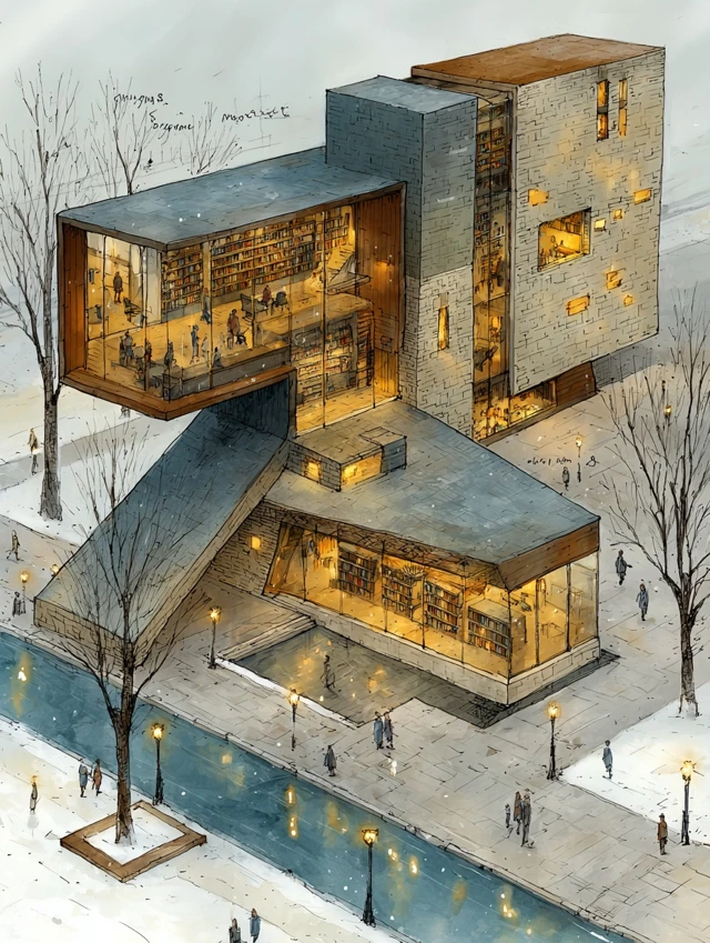 Isometric Library Architecture Design Illustration