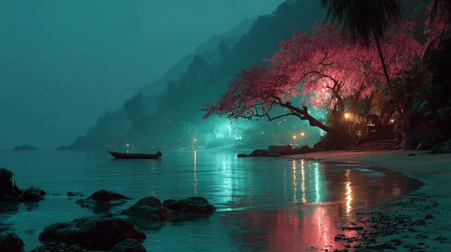 Night Beach Scene Cinematic Lights Reflections