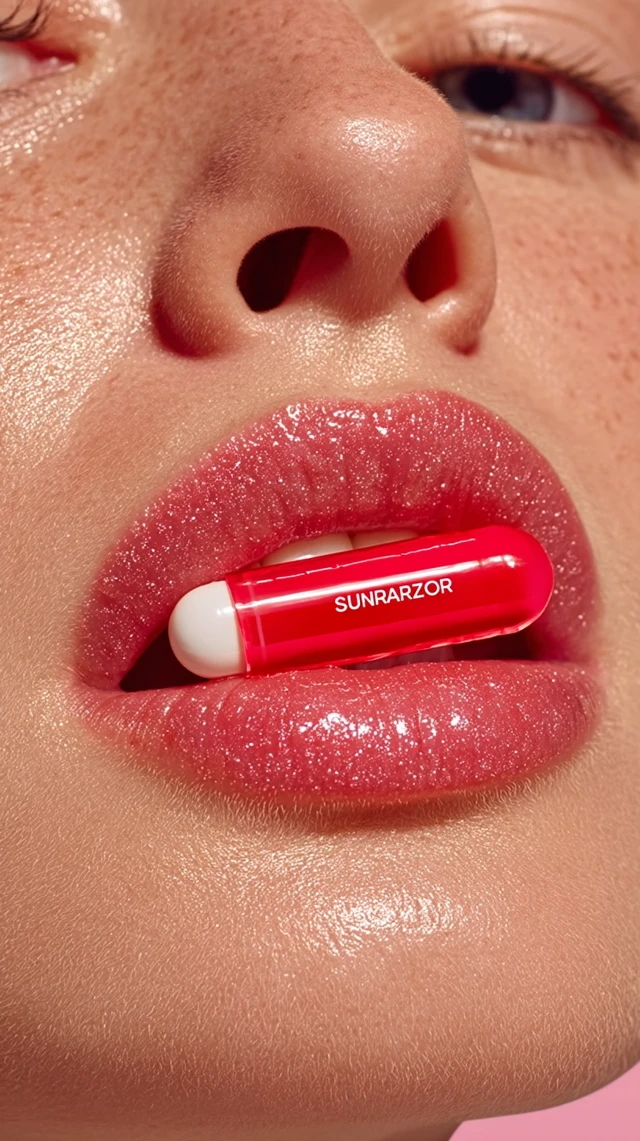 Close Up of Lips Holding Sunrazor Pill Product Photo