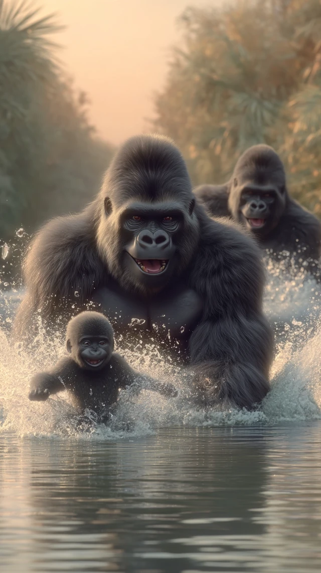 Gorilla Family Joyfully Playing in River