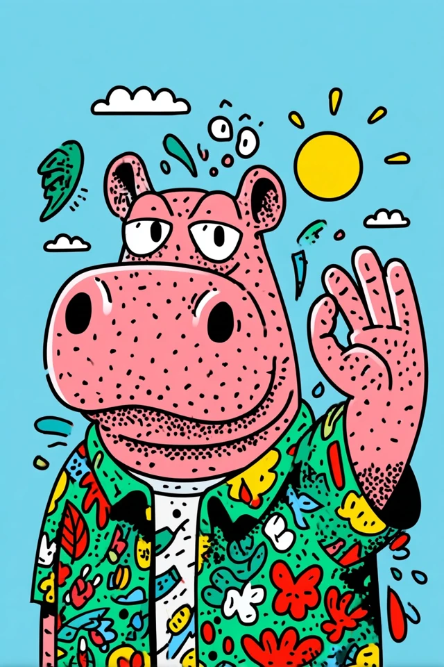 Tired Hippo Makes OK Gesture Funny Cartoon Art