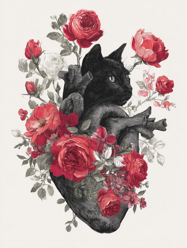 Black Cat Heart Anatomy with Red Roses Illustration
