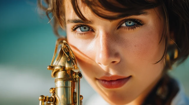 Woman with Saxophone Portrait on the Beach