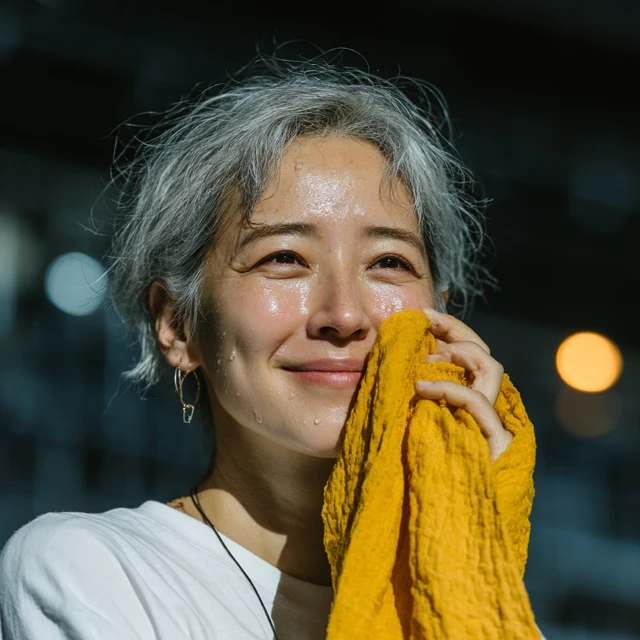 Smiling Korean Woman Wiping Tears at a Performance