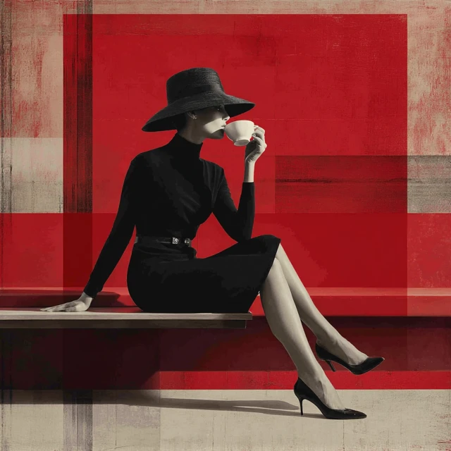 Elegant Woman in Cafe Drinking Coffee - Abstract Art