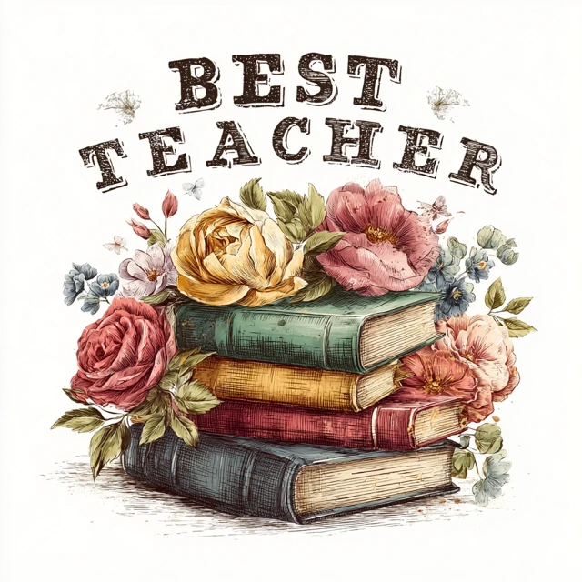 Best Teacher Vintage Books and Flowers Illustration