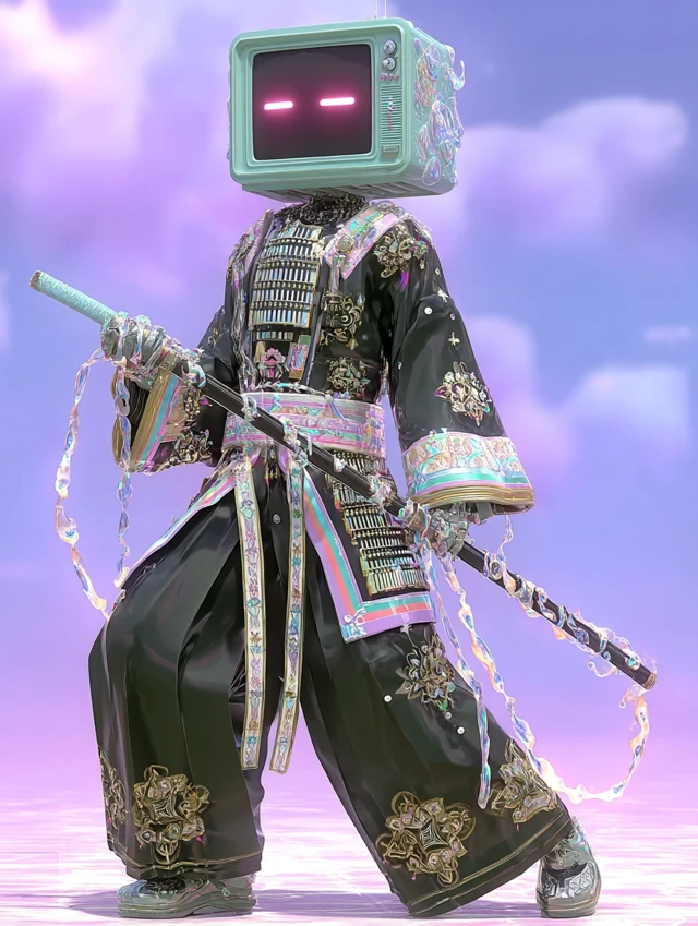 Cyberpunk Anime Swordsman TV Head with Flaming Sword