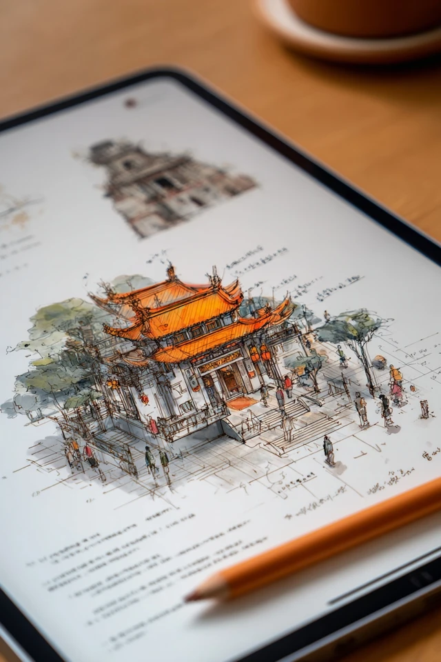Hong Kong Temple Architectural Sketch on iPad Pro
