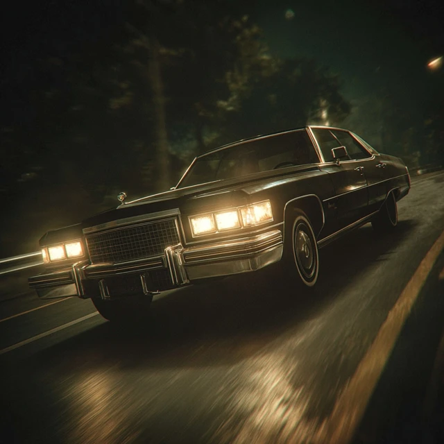 1972 Cadillac on a Dark Road at Night Vintage Sepia