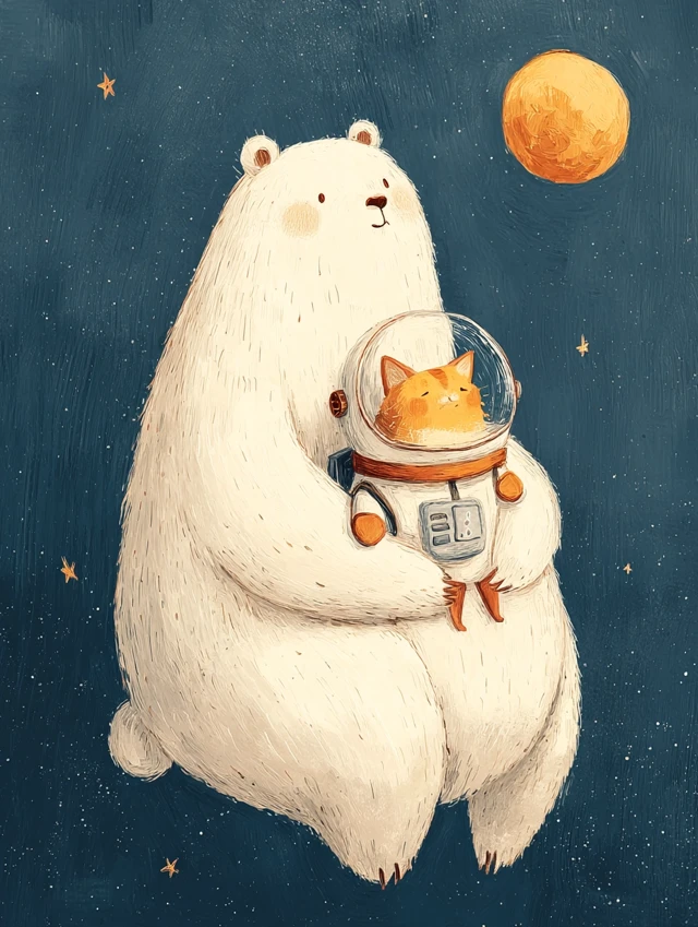 Cute Bear and Dog Astronauts on the Moon - Kawaii Illustration