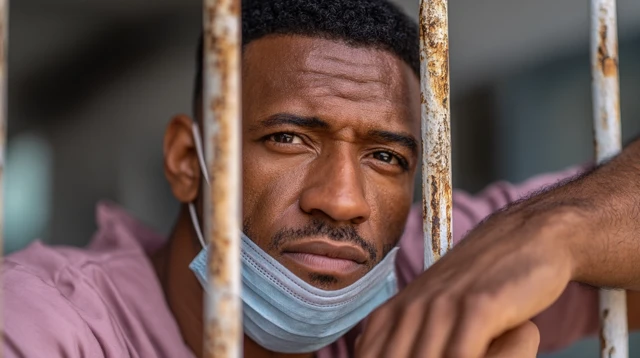 Inmate in Prison: Sorrowful Portrait with Mask