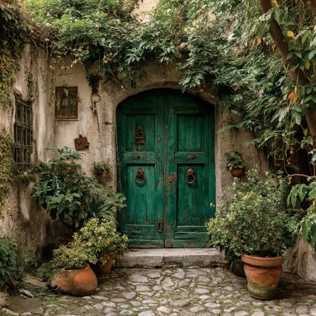 Ancient Doorway Green Vines and Stone Patio
