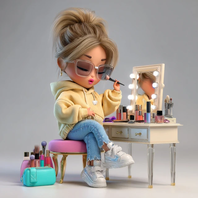 Chibi Beauty Applying Makeup 3D Illustration