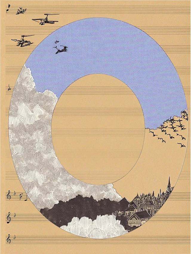 Musical Score with Futurist City Clouds and Birds