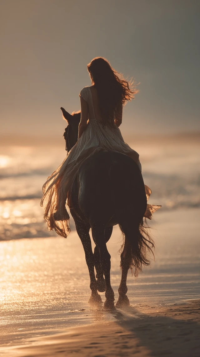 Woman Riding Horse at Sunset on Beach