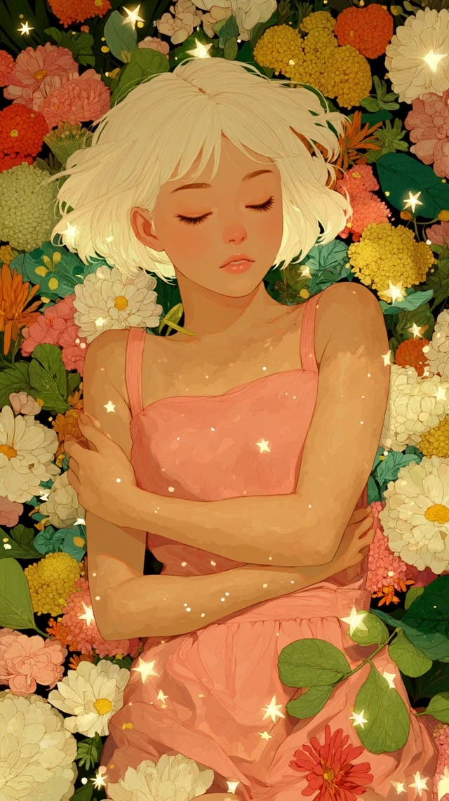 Dreaming Girl in a Flower Garden Illustration