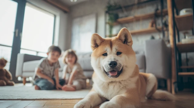 Akita Inu Dog with Children Cozy Home Scene