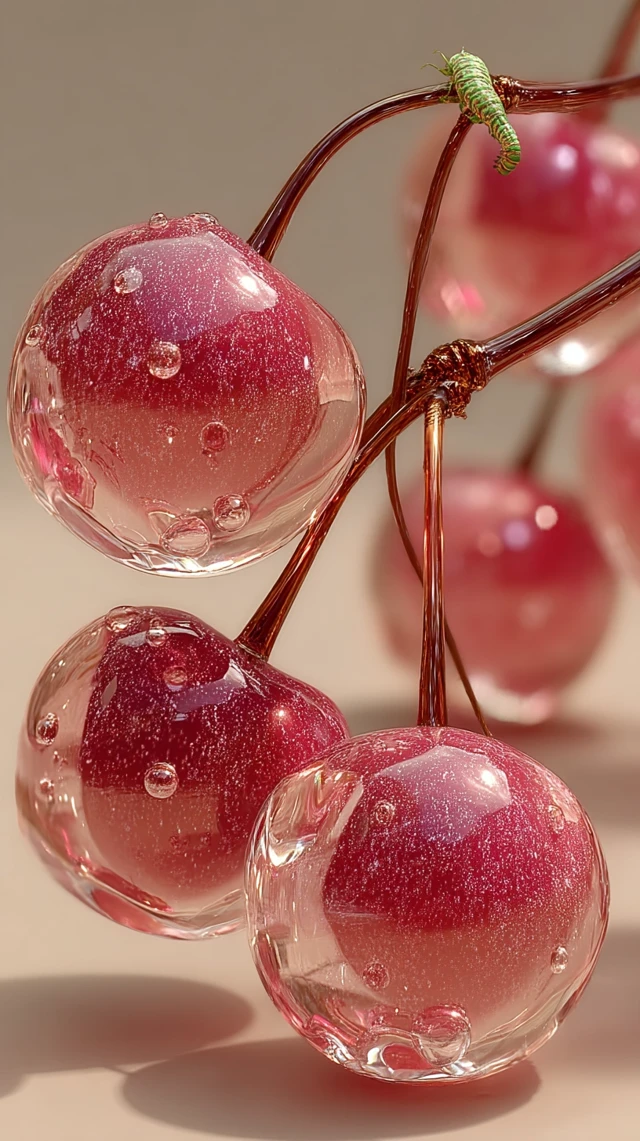 Glass Cherries Macro Shot with Dewdrops and Caterpillar