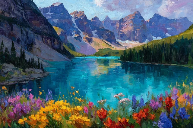 Moraine Lake Painting in Raoul Dufy Style
