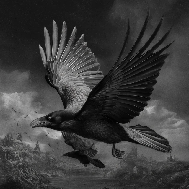 Raven in Flight Grayscale Surreal Art