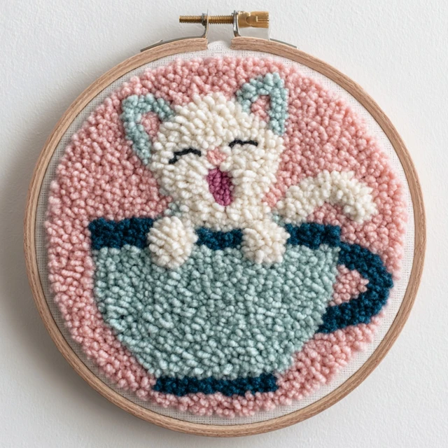 Punch Needle Art Kitten in Teacup Handmade Embroidery