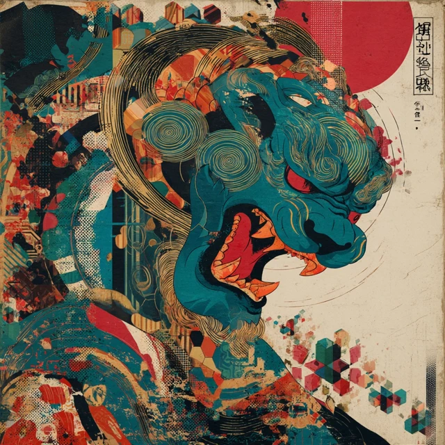 Vintage Japanese Art: Sphinx, Glitch Geometry, Ukiyo-e