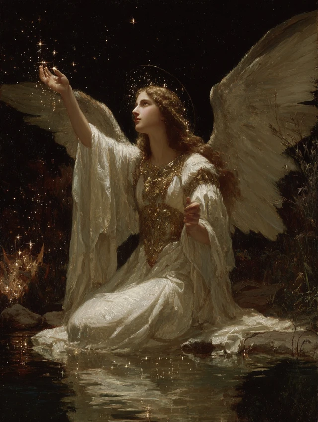 Angel Embracing Stars Dreamlike Artwork