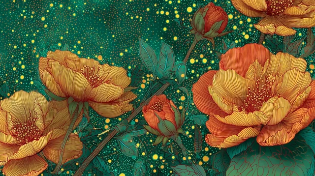 Whimsical Flower Illustration Japanese Woodblock