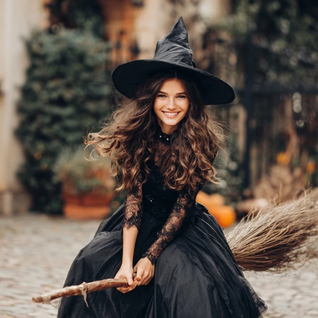 Happy Witch in Black Dress and Hat Halloween