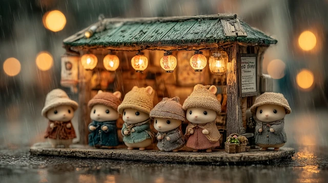 Rainy Evening Hamsters at Bus Stop Diorama