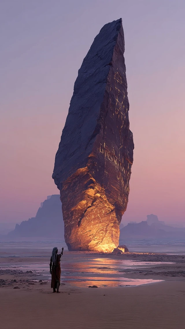 Mystical Monolith: Desert Scene with Ethereal Woman