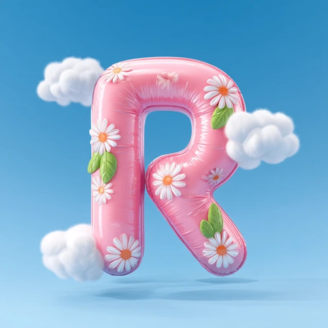 3D R Letter with Flowers and Clouds Cute Icon