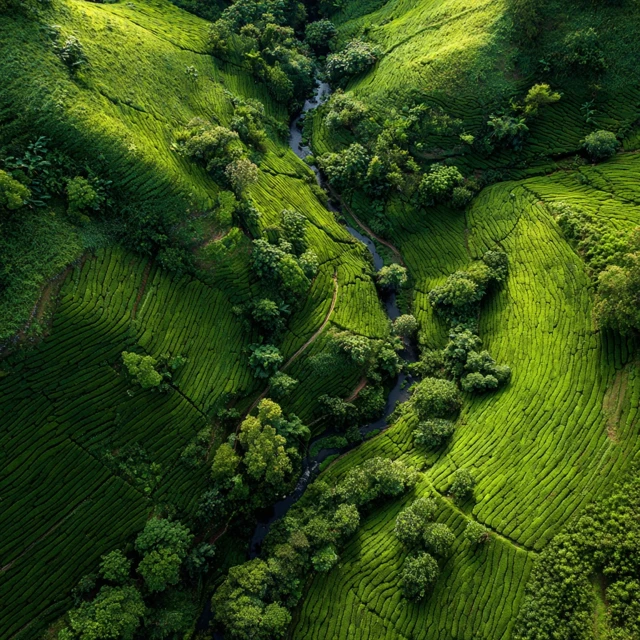 Aerial View of a Lush Green Tea Plantation